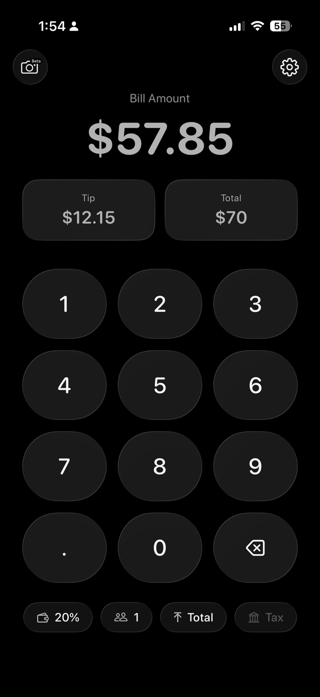 TipCalc Pro app screenshot showing a $57.85 bill, a $12.15 tip, and a $70 total.